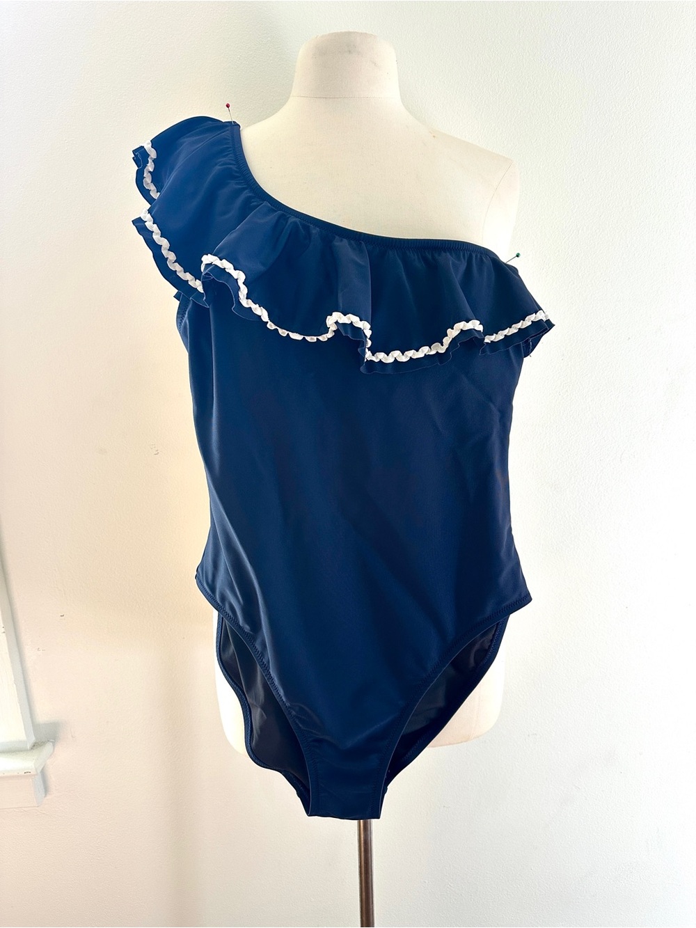 J. Crew Navy Swimsuit with White Ruffle Trim